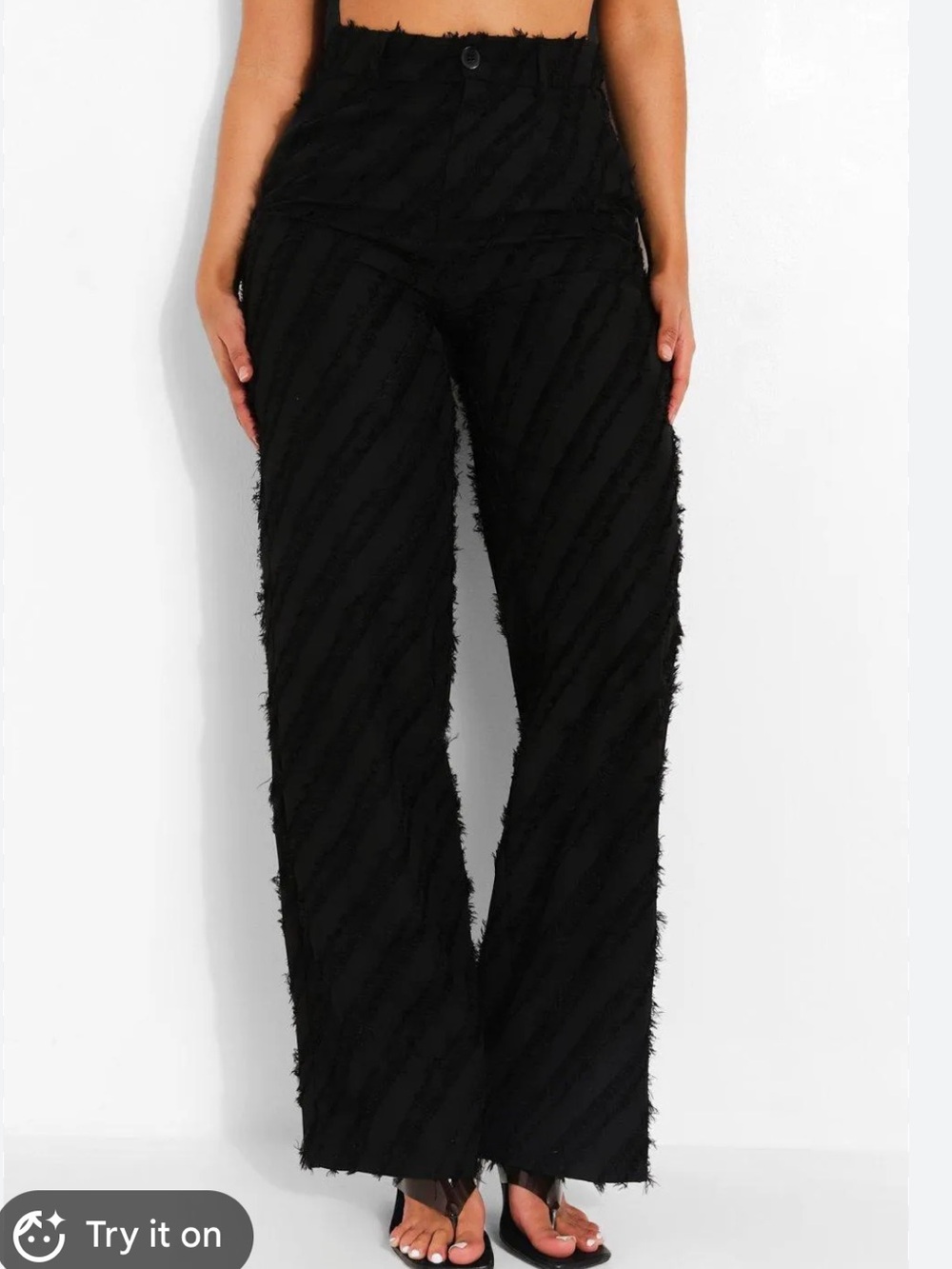 NWT!! PrettyLittleThing Black Satin Wide-Leg Pants with Lace Side Panels - Picture 2 of 3